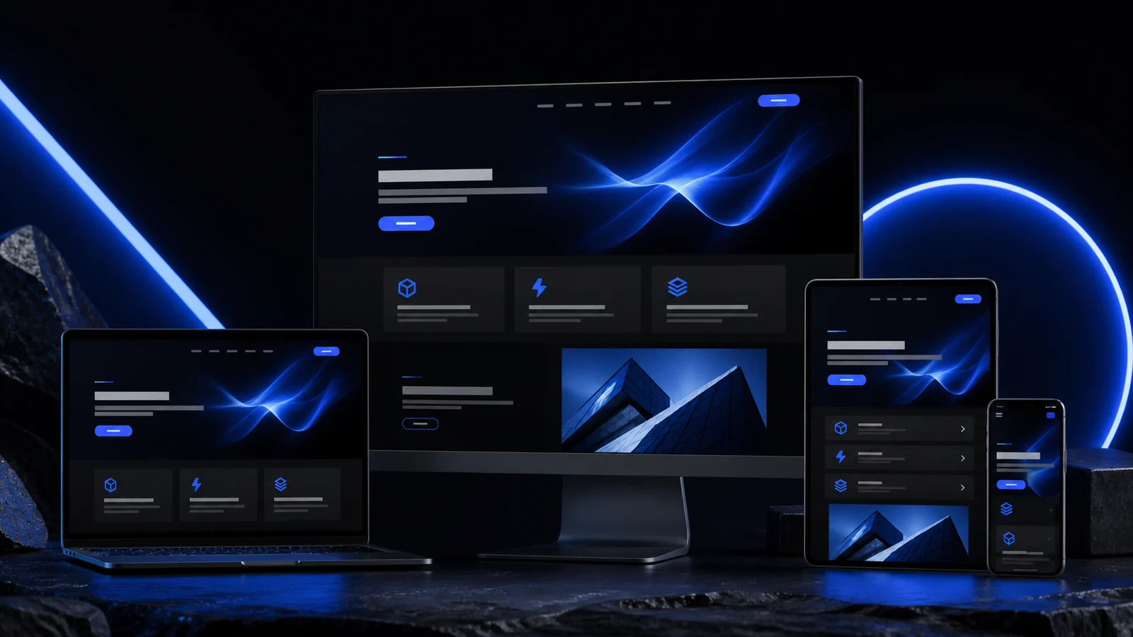 Layout di sito web aziendale premium mostrato su monitor, laptop, tablet e smartphone in atmosfera scura con accenti blu.