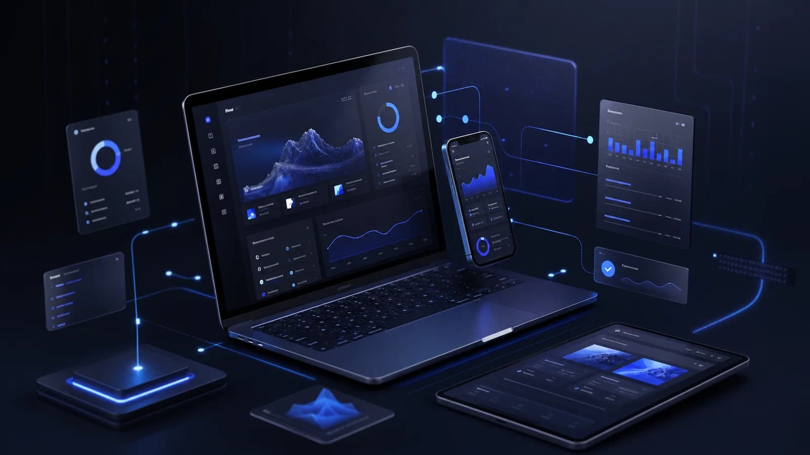 Interfacce di applicazioni web responsive con schermate floating, analytics card e flussi dati con accenti blu.