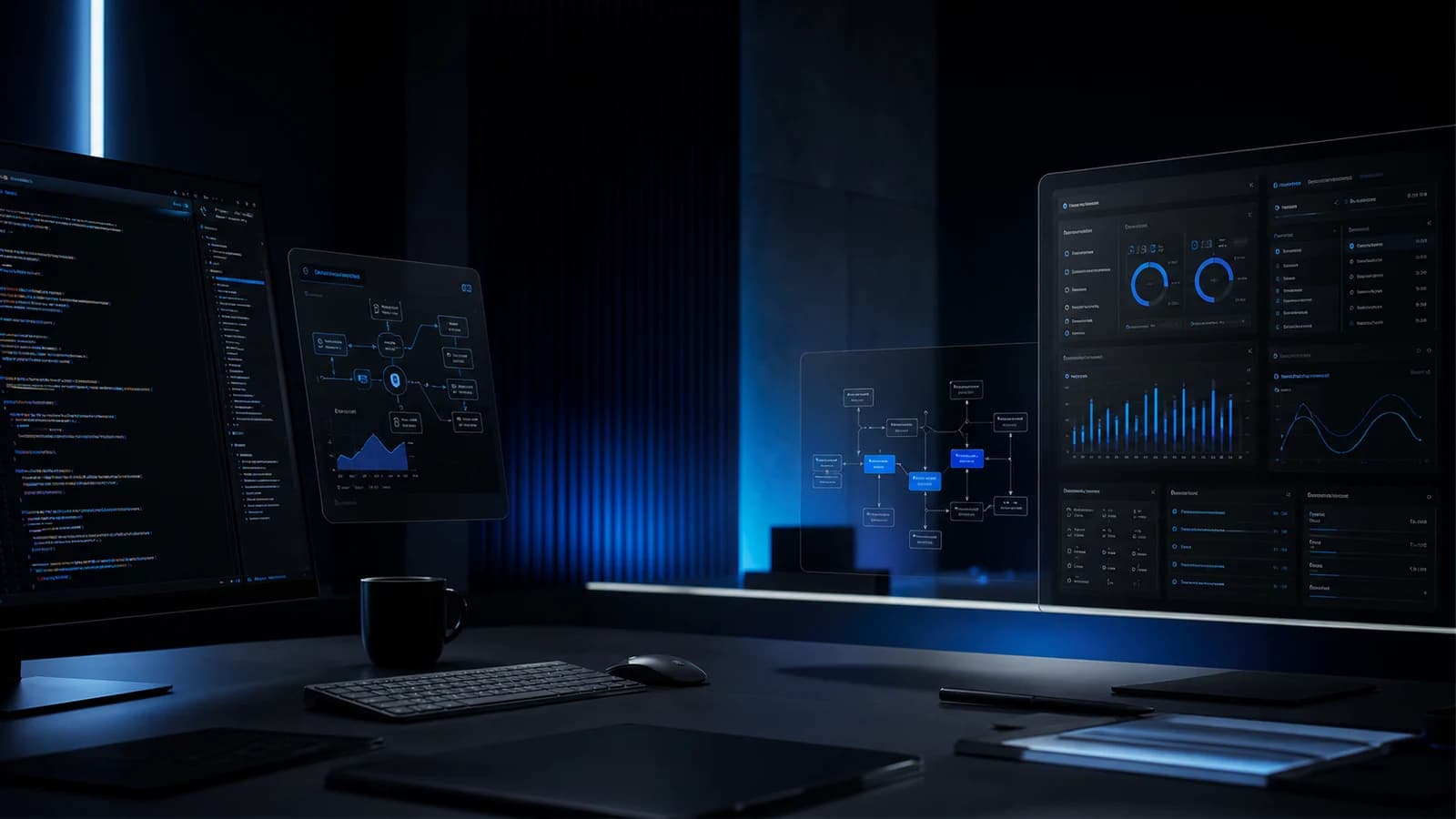 Workspace digitale scuro con dashboard software, pannelli di codice e flussi di automazione aziendale.