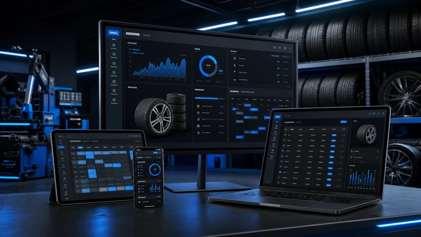 Dashboard software per gommisti con inventario pneumatici, agenda appuntamenti e interfacce operative in officina.