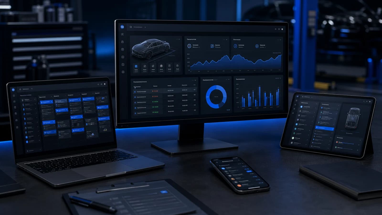 Interfacce software per officine meccaniche con schede veicolo, manutenzioni, agenda e workflow operativi.
