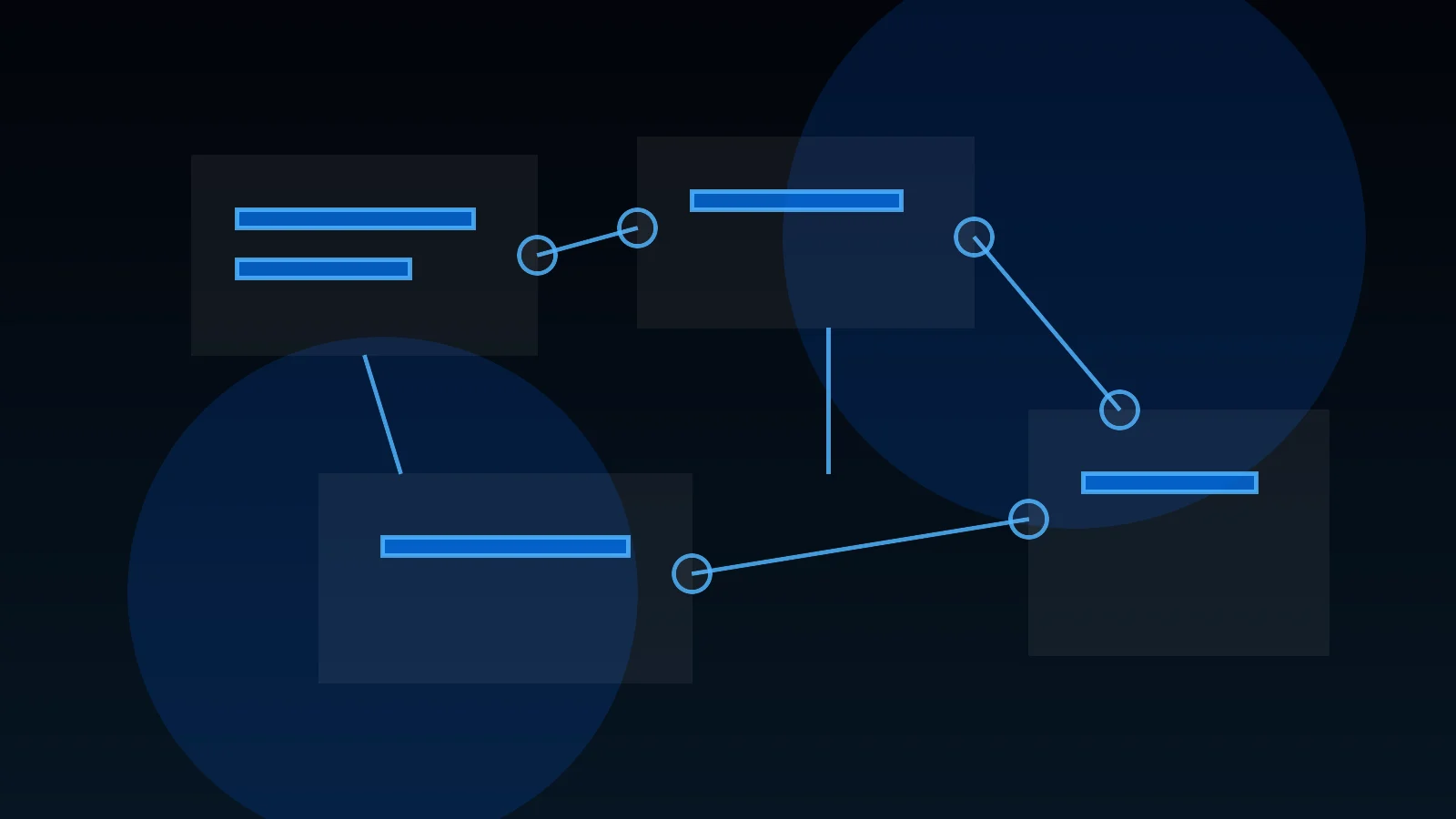 Diagrammi astratti di workflow digitali, nodi di automazione e dashboard operative industrial-tech su fondo scuro con accenti blu.