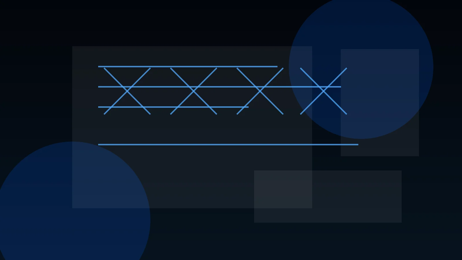 Elementi astratti di brand identity con griglie di costruzione, schede colore e layout tipografici su fondo scuro con accenti blu.